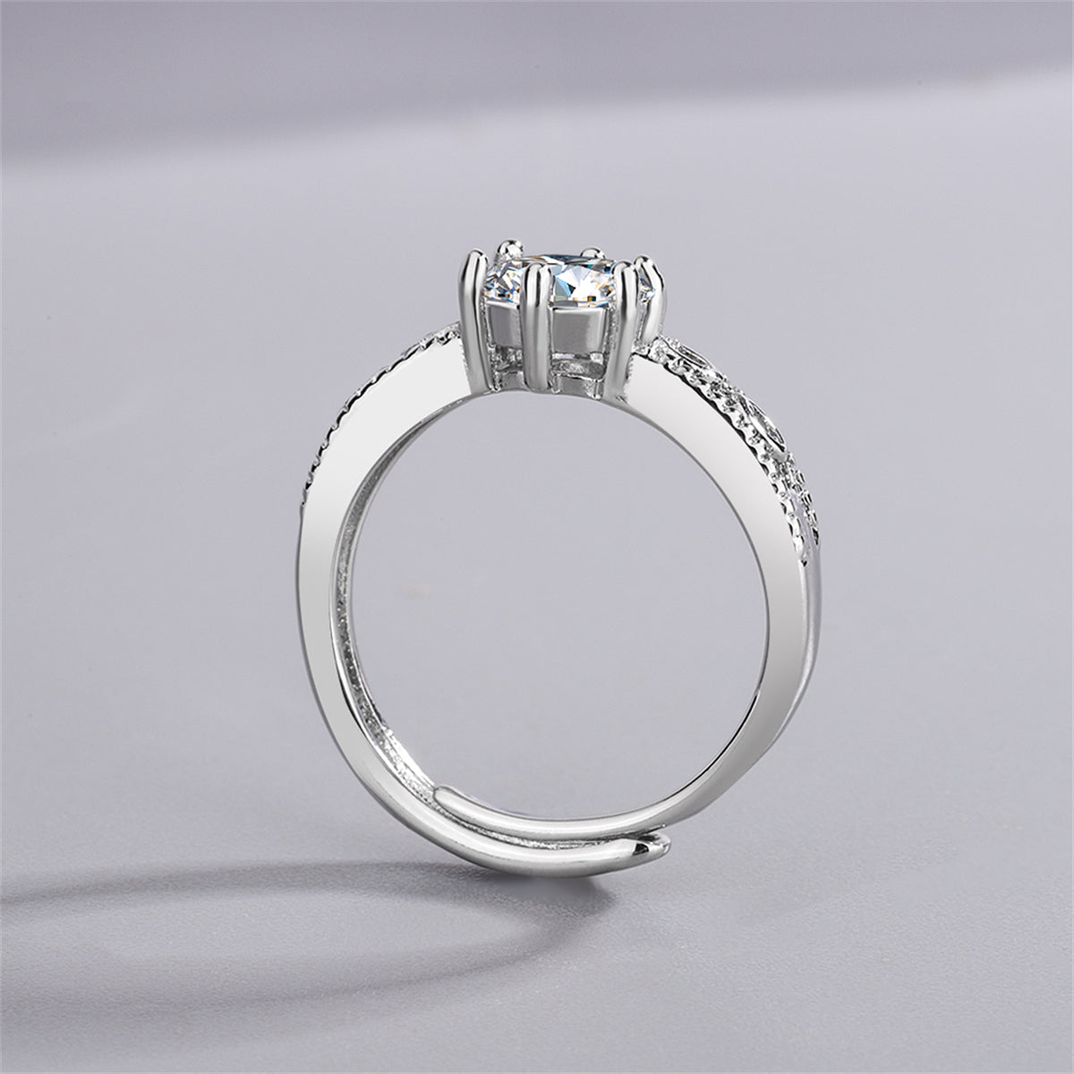Cubic Zirconia and Silver-Plated Prong-Set Adjustable Cocktail Ring, silver statement rings for women, side view