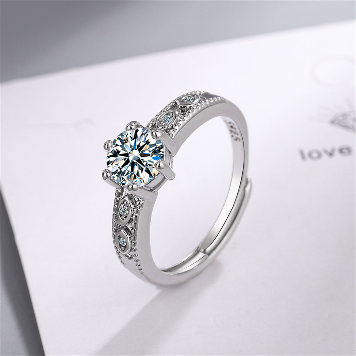 Cubic Zirconia and Silver-Plated Prong-Set Adjustable Cocktail Ring, silver statement rings for women, front view