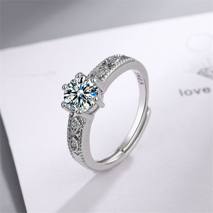 Cubic Zirconia and Silver-Plated Prong-Set Adjustable Cocktail Ring, silver statement rings for women, front view