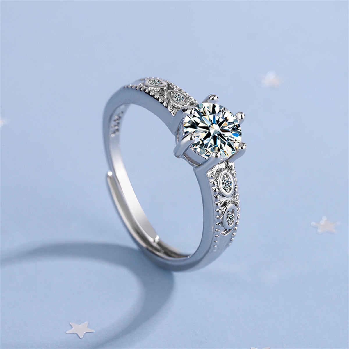 Cubic Zirconia and Silver-Plated Prong-Set Adjustable Cocktail Ring, silver statement rings for women, detail close-up