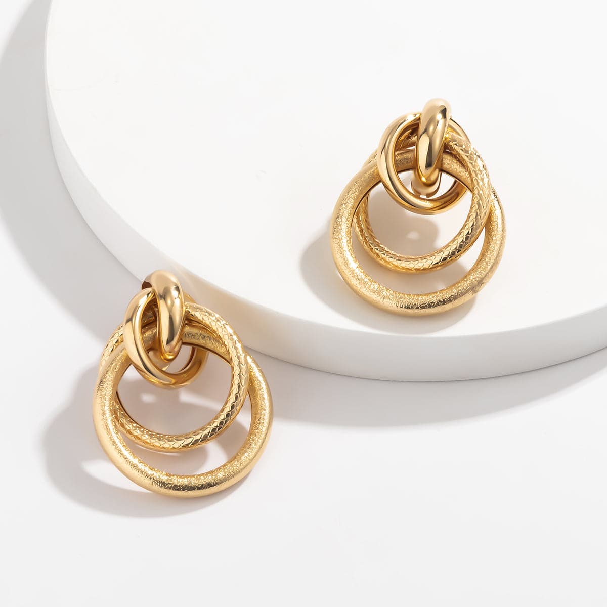 18K Gold-Plated Layered Circle Drop Earrings, gold drop earrings for women, everyday style, detail close-up