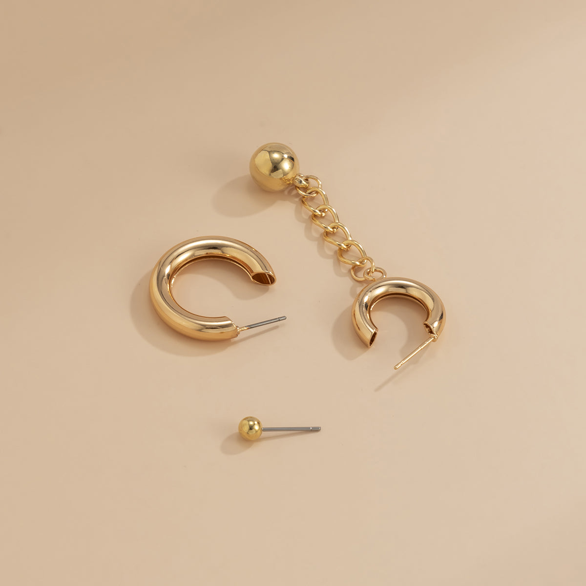 18K Gold-Plated Bead Stud & Chain Drop Three-Piece Earring Set