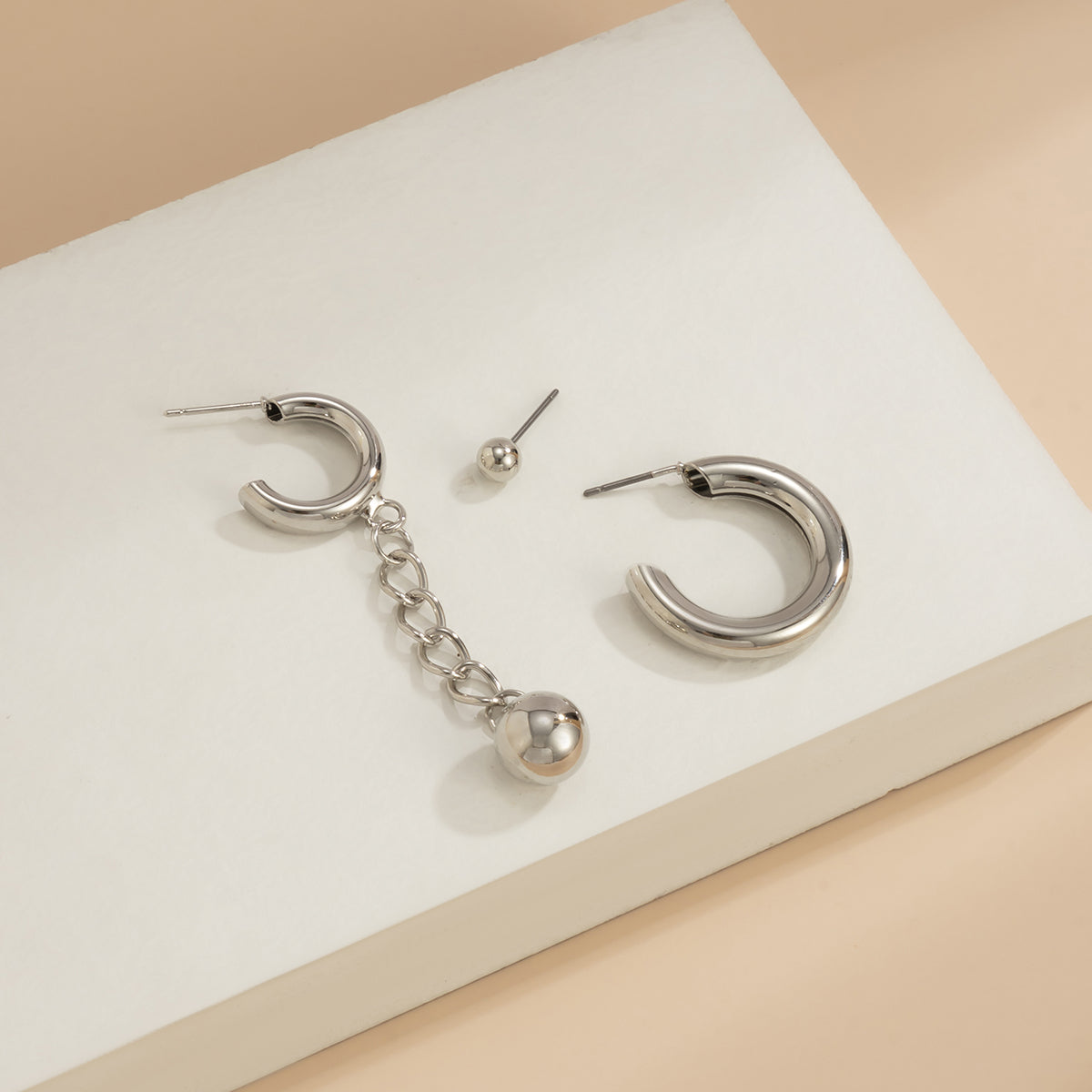 Silver-Plated Bead Stud & Hoop Earrings Set