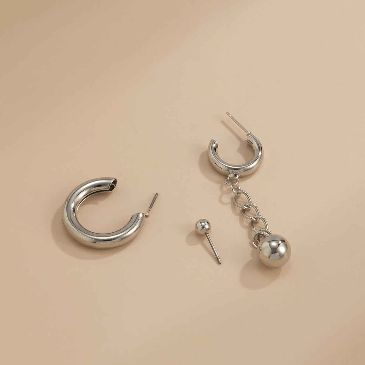 Silver-Plated Bead Stud & Hoop Earrings Set