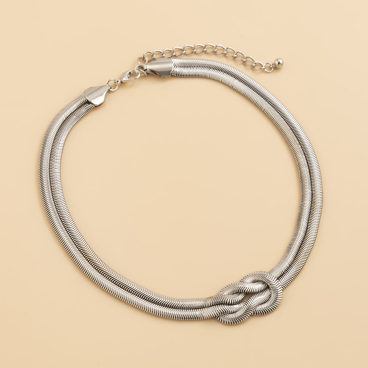 Silver-Plated Snake Chain Knot Layered Necklace, silver pendant necklace for women, elegant gift for her, side view