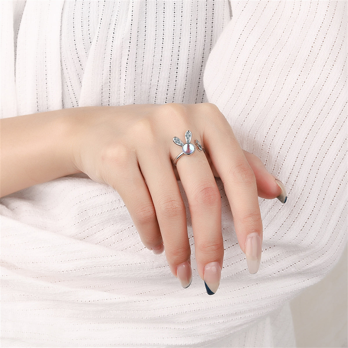 Moonstone & Cubic Zirconia Silver-Plated Rabbit Bypass Ring