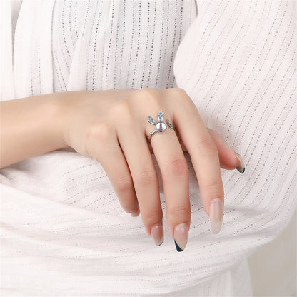 Moonstone and Cubic Zirconia Silver-Plated Rabbit Bypass Ring, silver statement rings for women, lifestyle look