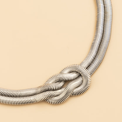 Silver-Plated Snake Chain Knot Layered Necklace, silver pendant necklace for women, elegant gift for her, lifestyle look