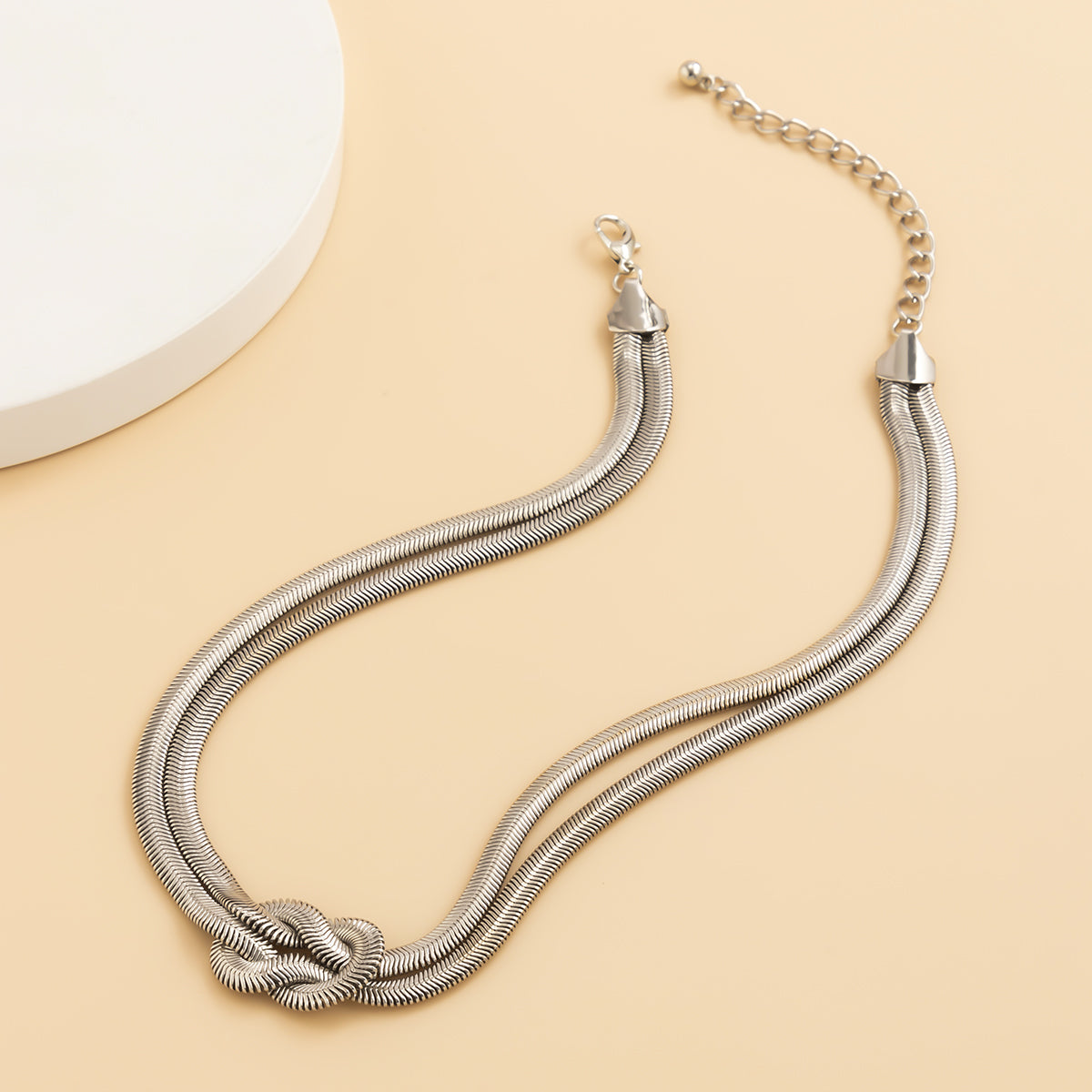 Silver-Plated Snake Chain Knot Layered Necklace, silver pendant necklace for women, elegant gift for her, detail close-up