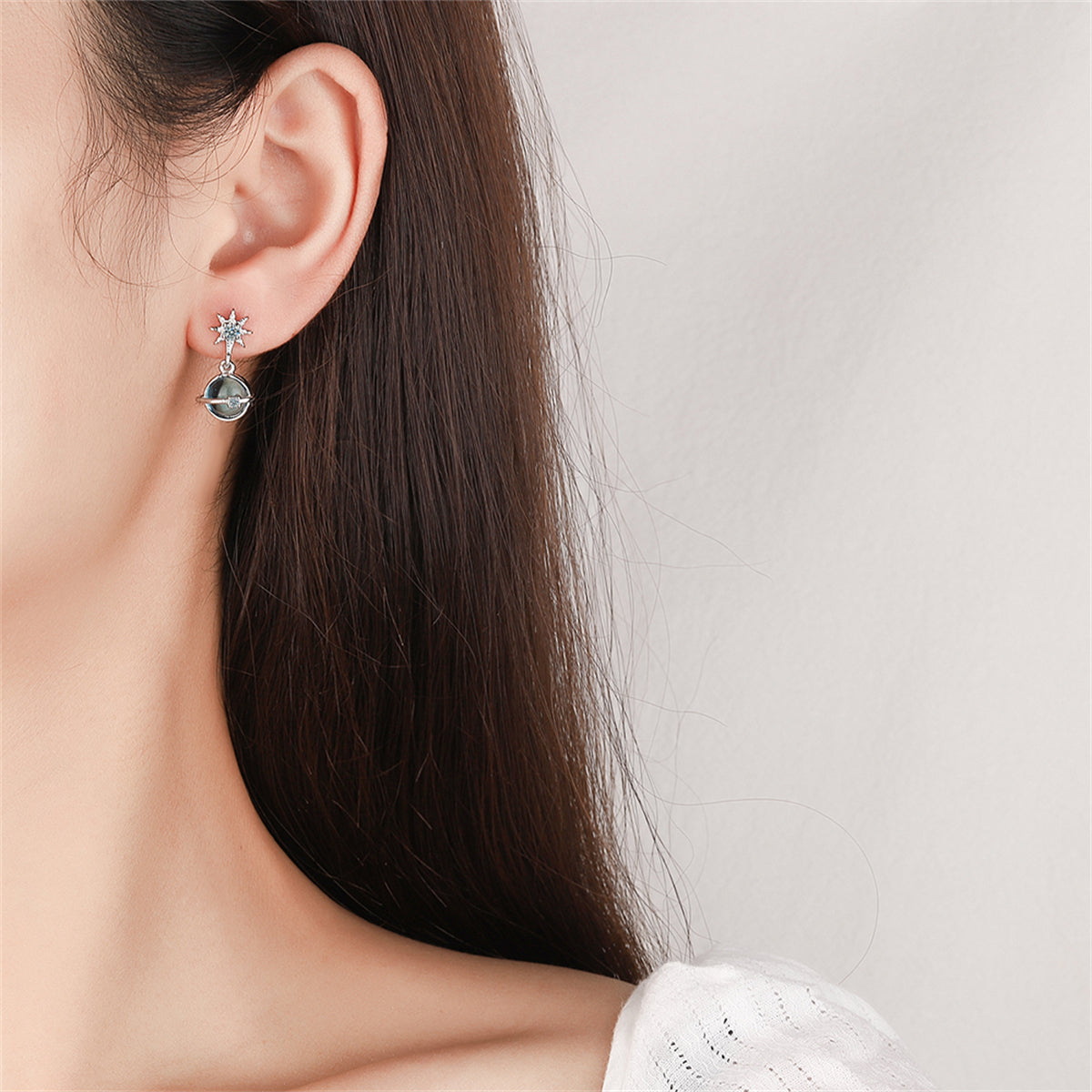 Moonstone and Cubic Zirconia Star and Planet Drop Earrings, drop earrings for women, botanical inspired, lifestyle look