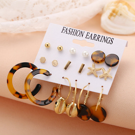 Pearl and Acrylic 18K Gold-Plated Starfish Stud Earrings Set, gold stud earrings for women, botanical inspired, front view