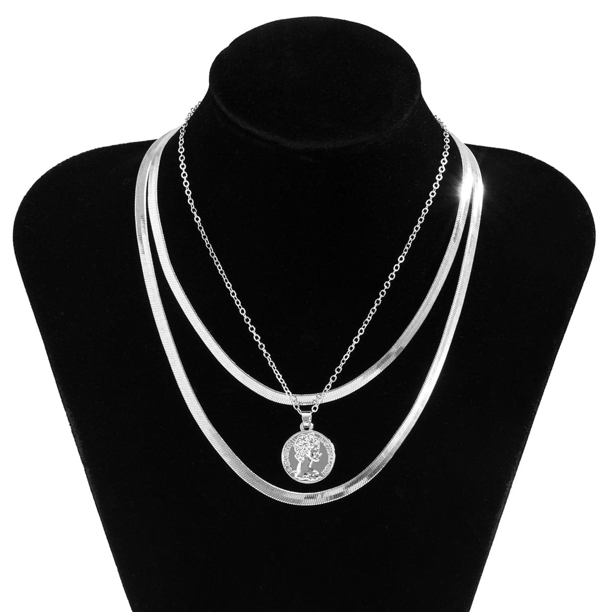Silver-Plated Snake Chain Coin Pendant Necklace Set