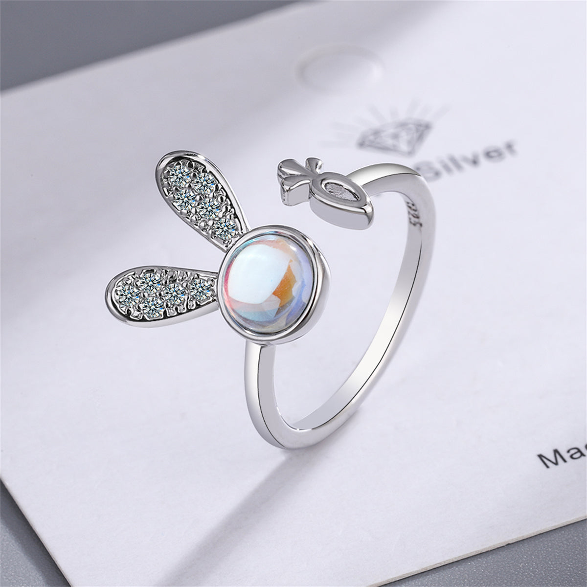 Moonstone and Cubic Zirconia Silver-Plated Rabbit Bypass Ring, silver statement rings for women, side view
