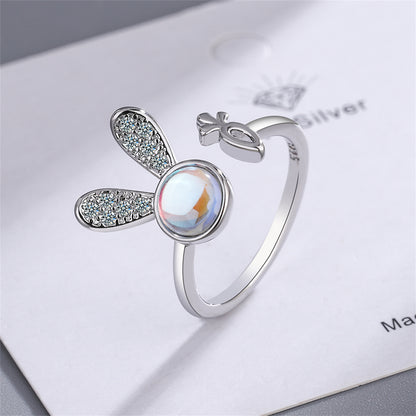 Moonstone and Cubic Zirconia Silver-Plated Rabbit Bypass Ring, silver statement rings for women, side view