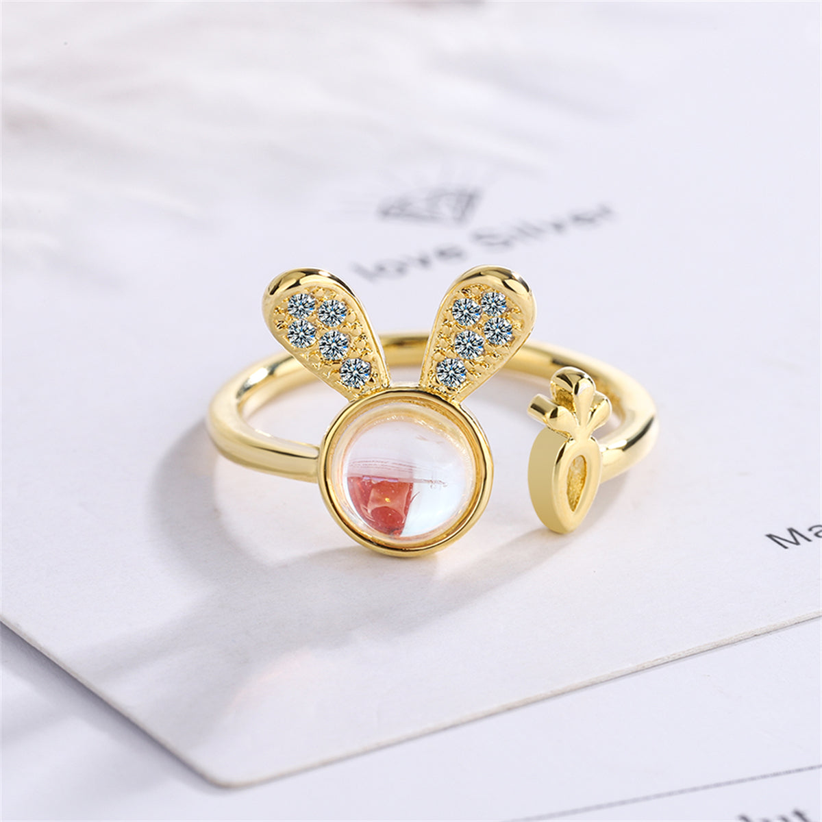 Moonstone and Cubic Zirconia Rabbit Open Ring, statement rings for women, dainty minimalist design, side view
