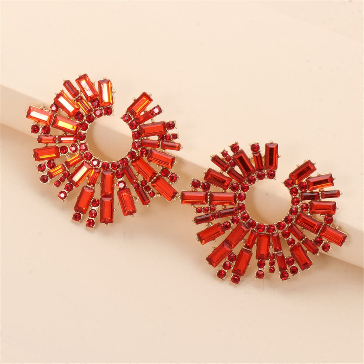 Red Cubic Zirconia and 18K Gold-Plated Abstract Stud Earrings, gold stud earrings for women, everyday style, side view