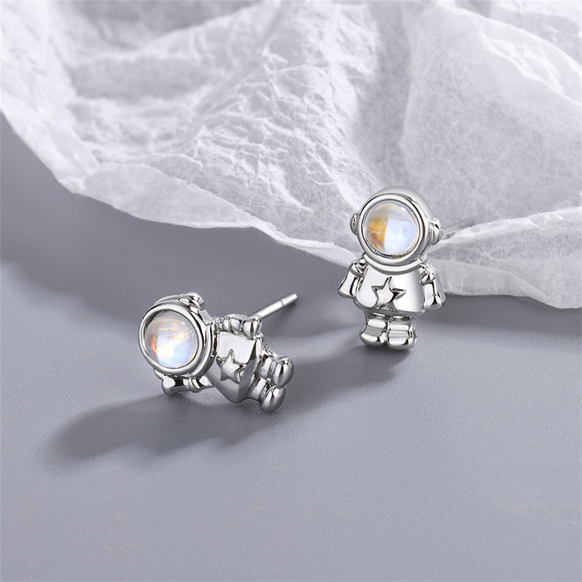 Moonstone and Silver-Plated Astronaut Stud Earrings, silver stud earrings for women, elegant gift for her, side view