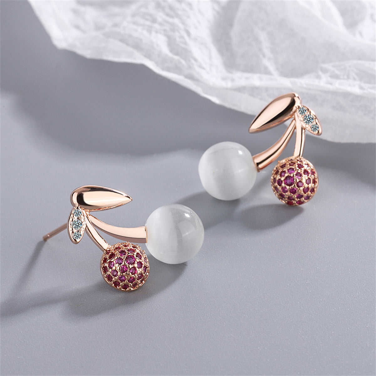 Cubic Zirconia and Cats Eye 18K Rose Gold-Plated Cherry Stud Earring, rose gold stud earrings for women, front view