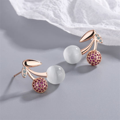 Cubic Zirconia and Cats Eye 18K Rose Gold-Plated Cherry Stud Earring, rose gold stud earrings for women, front view