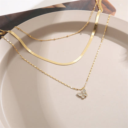 Cubic Zirconia and 18K Gold-Plated Snake Chain Butterfly Layered Pendant Necklace, gold pendant necklace..., lifestyle look