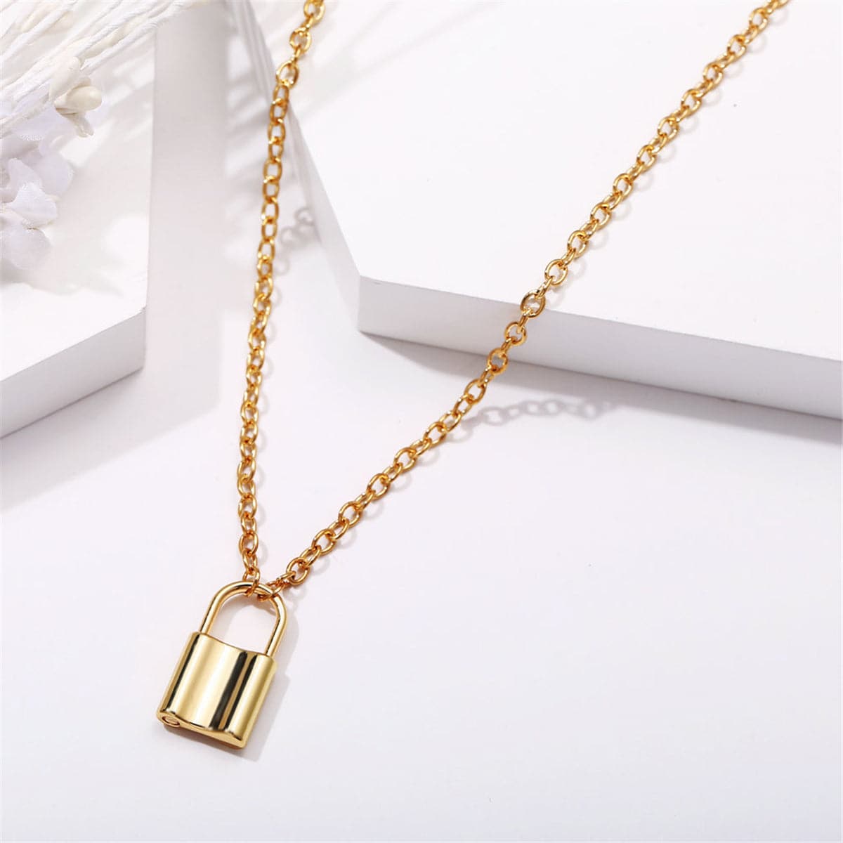 18K Gold-Plated Lock Pendant Necklace, gold pendant necklace for women, everyday style, detail close-up
