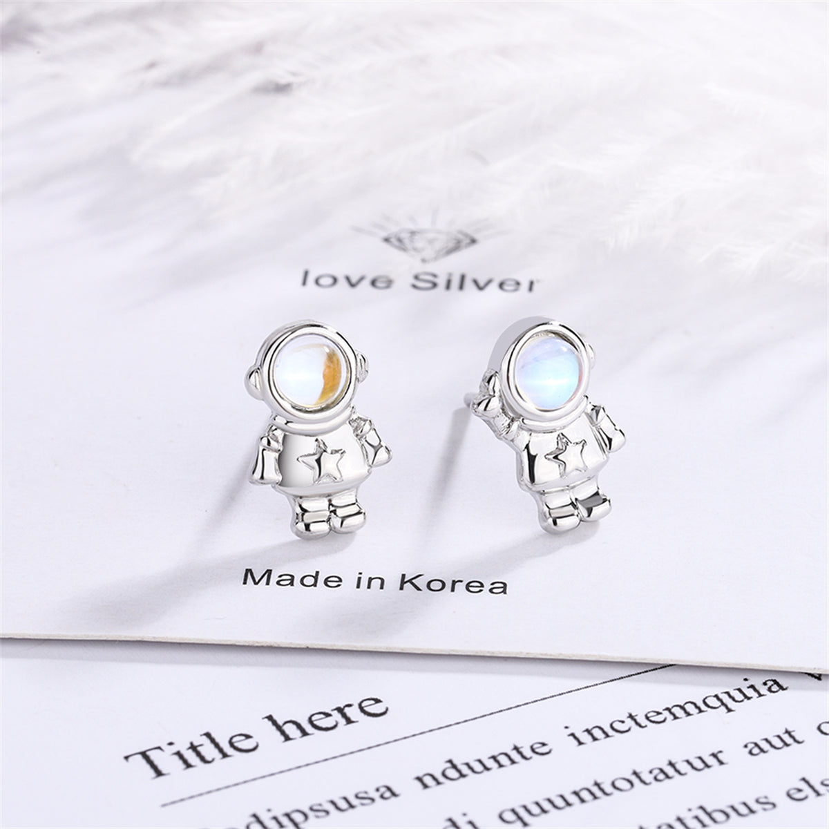 Moonstone and Silver-Plated Astronaut Stud Earrings, silver stud earrings for women, elegant gift for her, detail close-up