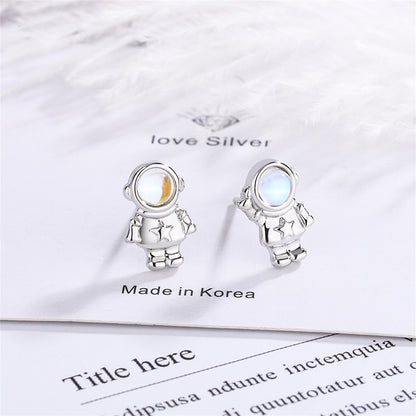 Moonstone and Silver-Plated Astronaut Stud Earrings, silver stud earrings for women, elegant gift for her, detail close-up