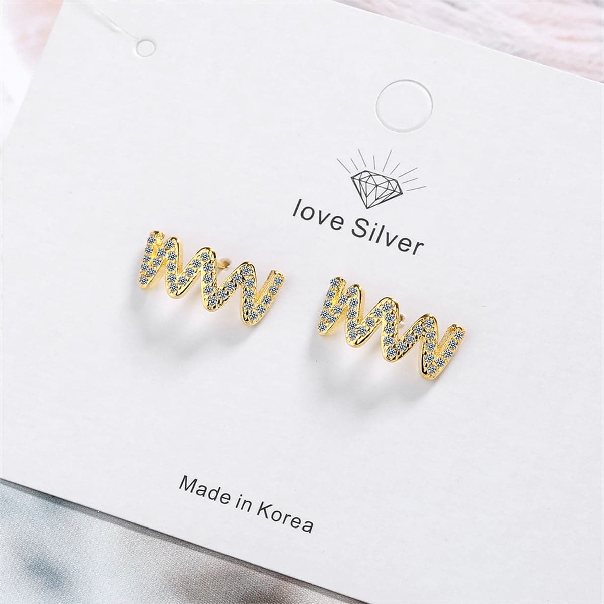 Cubic Zirconia and 18K Gold-Plated Wave Stud Earrings, gold stud earrings for women, botanical inspired, front view