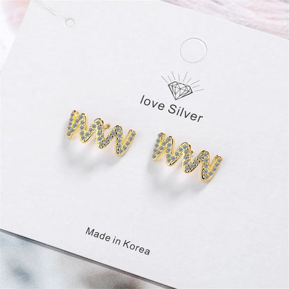 Cubic Zirconia and 18K Gold-Plated Wave Stud Earrings, gold stud earrings for women, botanical inspired, front view