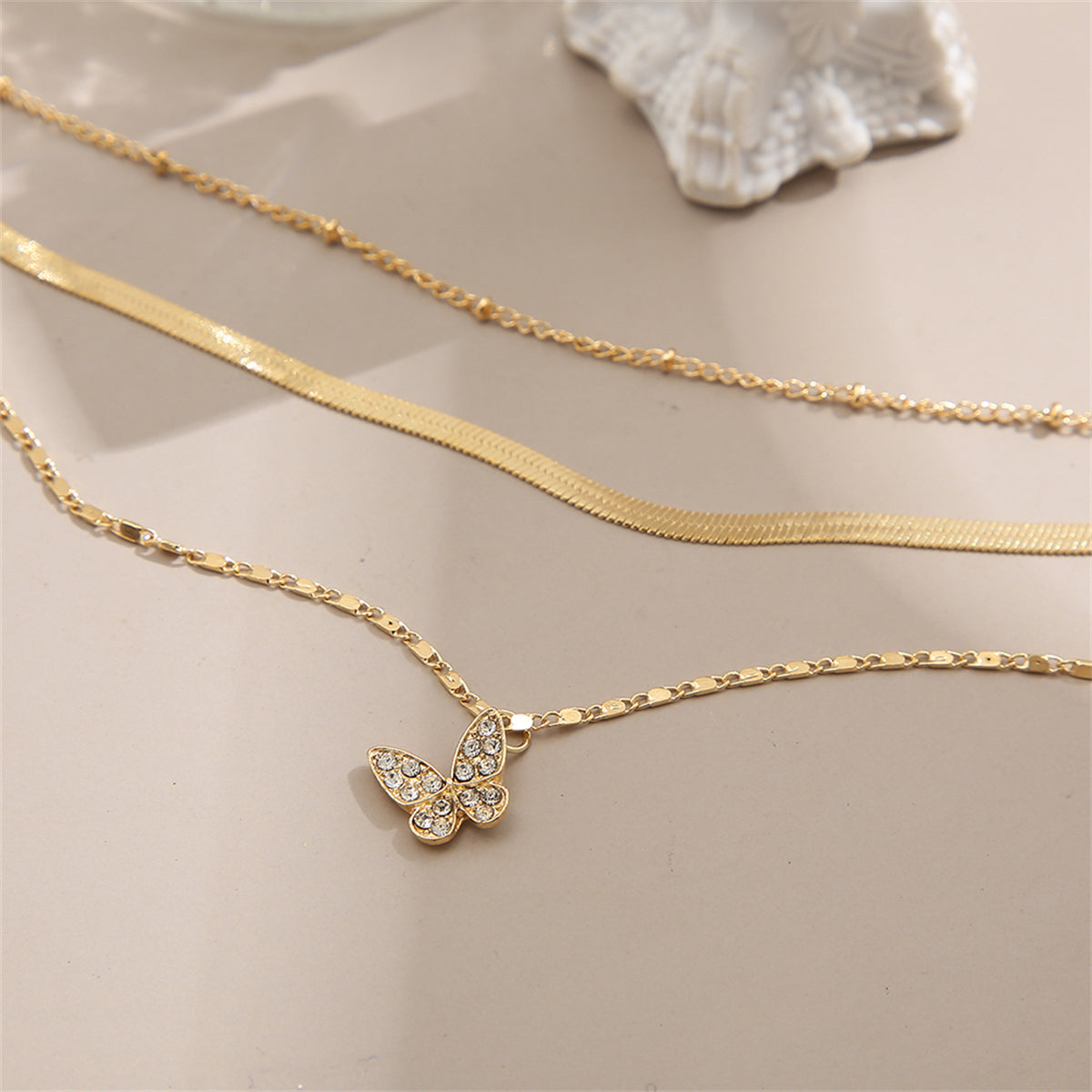 Cubic Zirconia and 18K Gold-Plated Snake Chain Butterfly Layered Pendant Necklace, gold pendant necklace for..., styled look