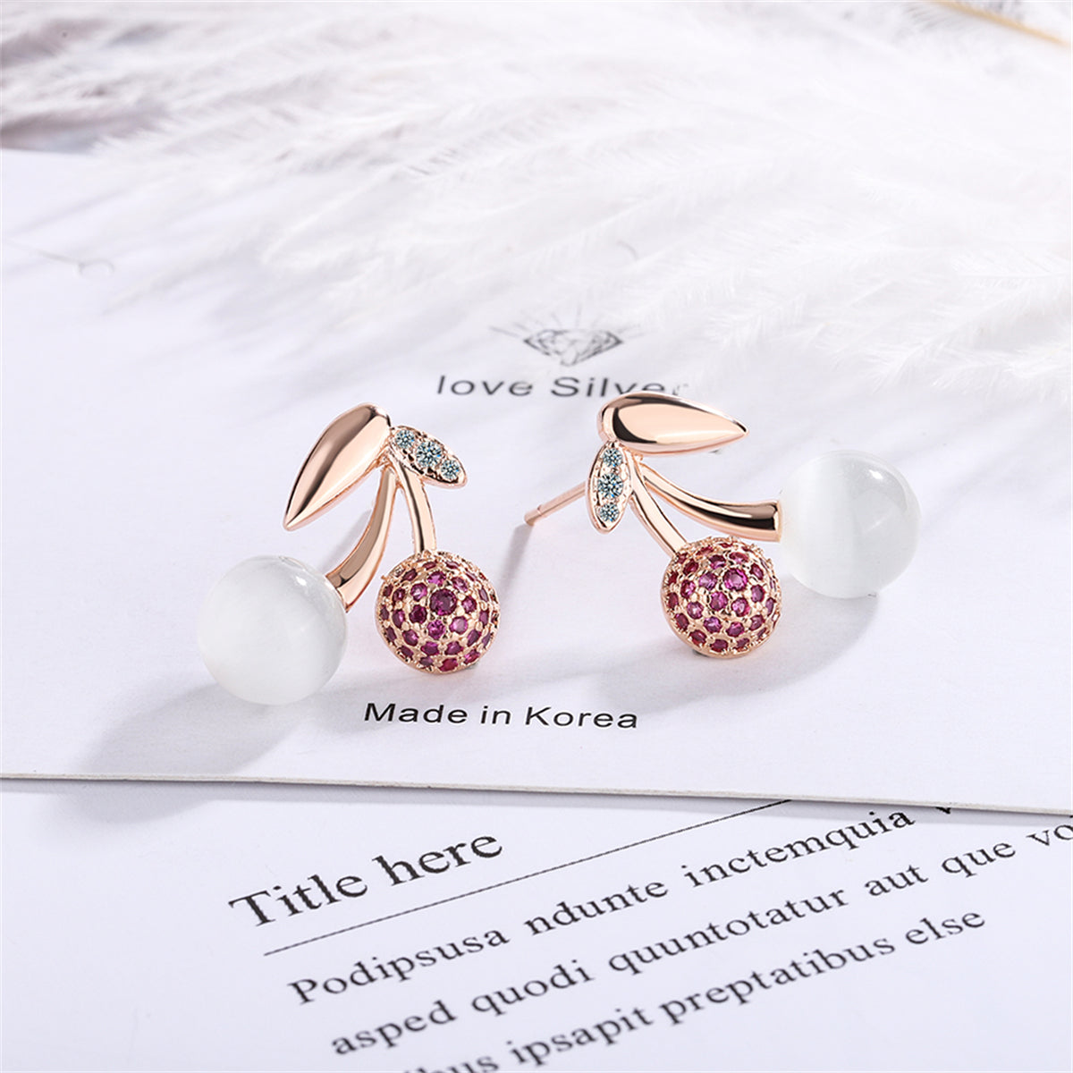 Cubic Zirconia and Cats Eye 18K Rose Gold-Plated Cherry Stud Earring, rose gold stud earrings for women, lifestyle look