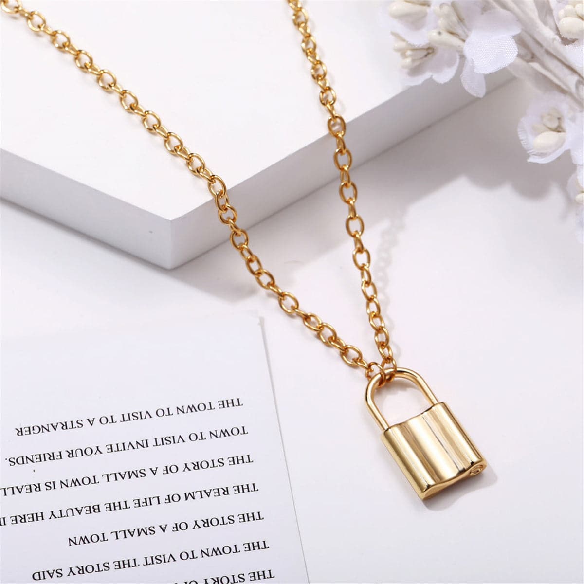 18K Gold-Plated Lock Pendant Necklace, gold pendant necklace for women, everyday style, side view