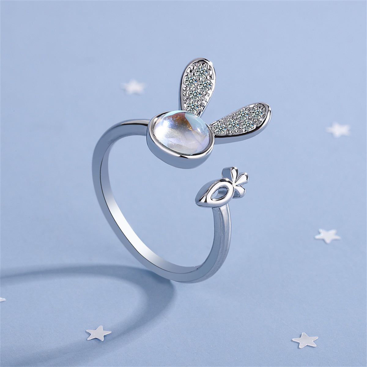 Moonstone & Cubic Zirconia Silver-Plated Rabbit Bypass Ring