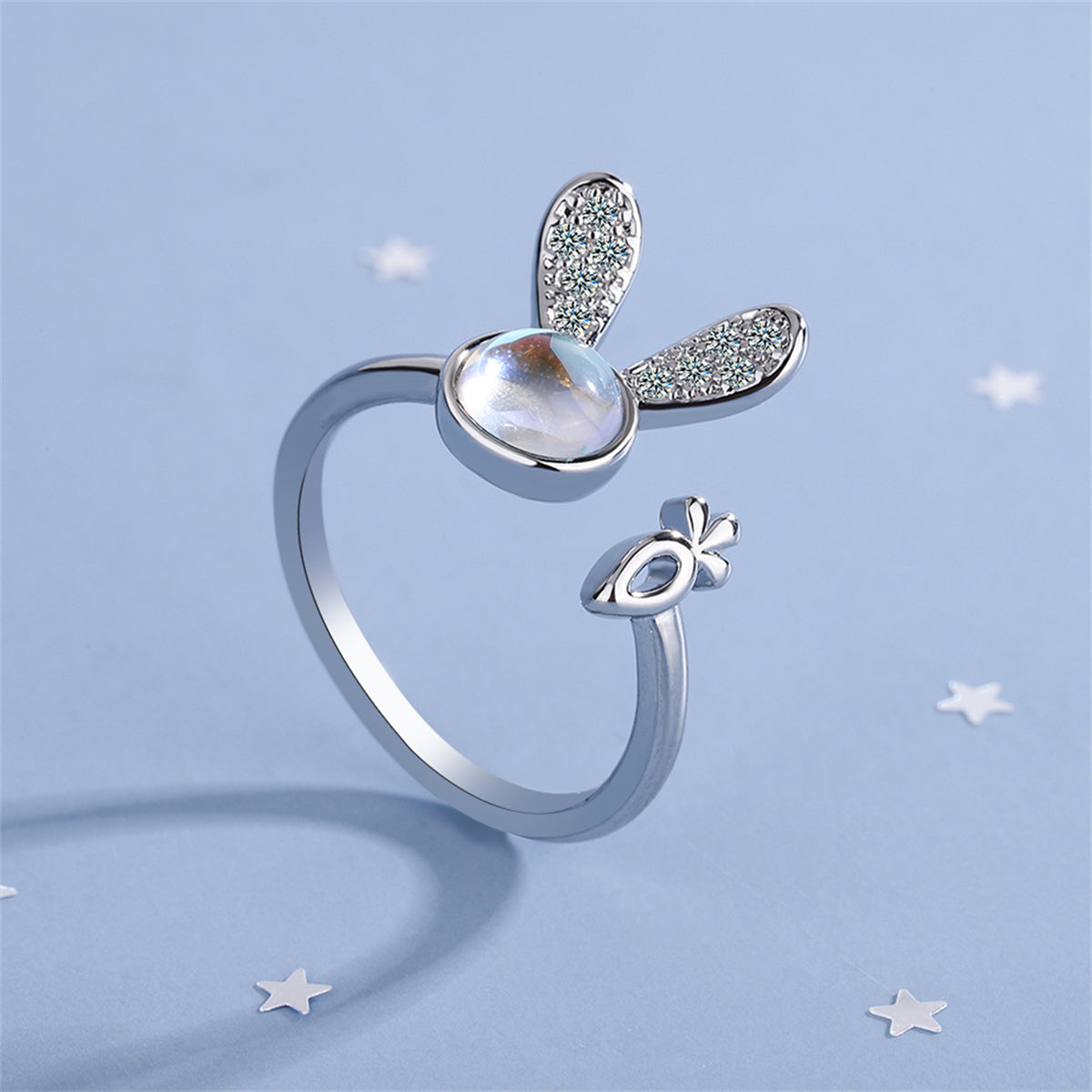 Moonstone and Cubic Zirconia Silver-Plated Rabbit Bypass Ring, silver statement rings for women, detail close-up