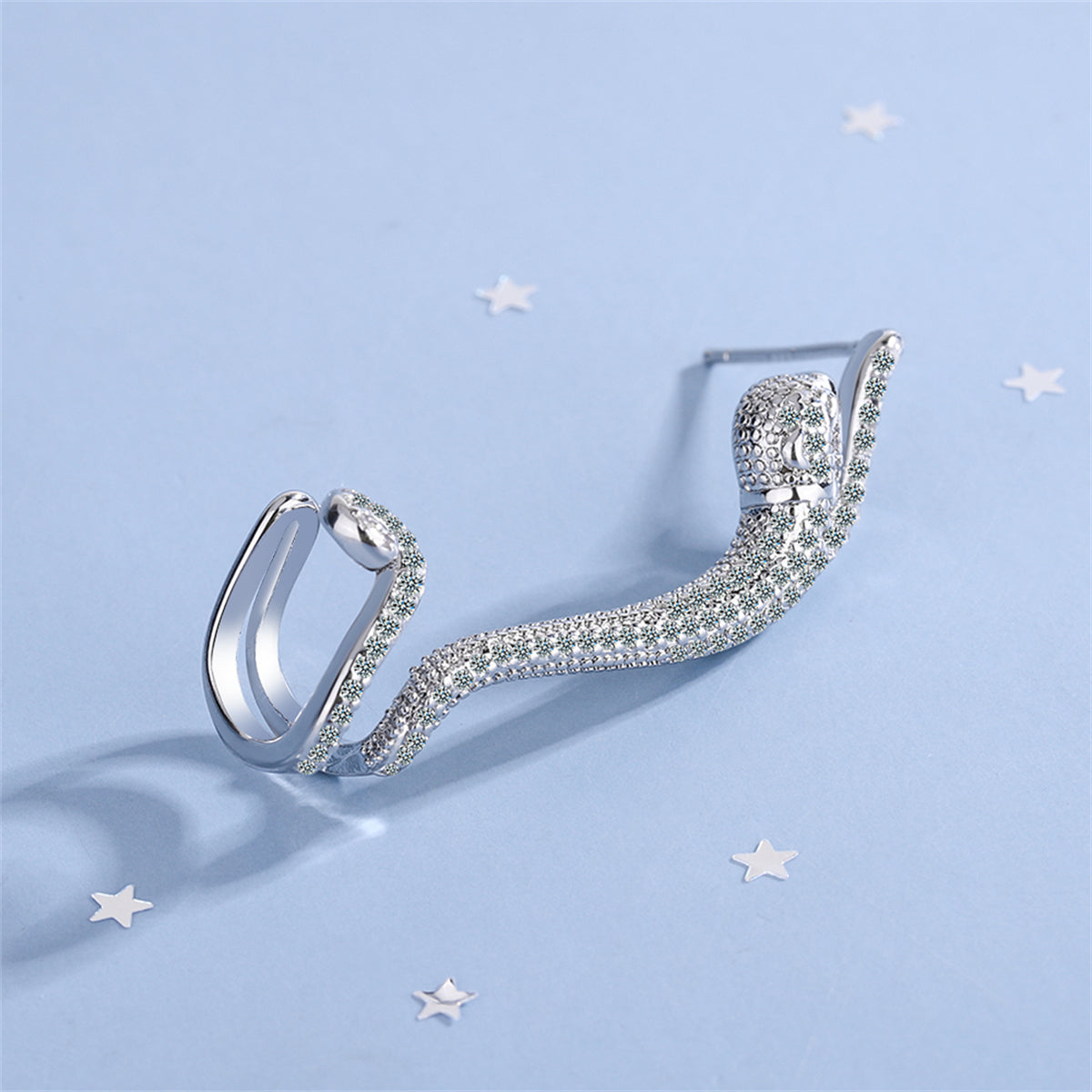 Cubic Zirconia and Silver-Plated Leopard Ear Climber, silver stud earrings for women, everyday style, front view