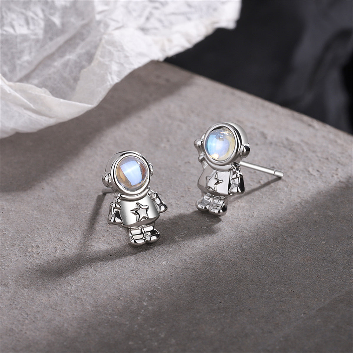 Moonstone and Silver-Plated Astronaut Stud Earrings, silver stud earrings for women, elegant gift for her, front view