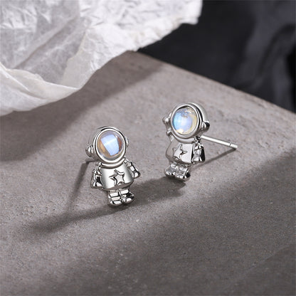 Moonstone and Silver-Plated Astronaut Stud Earrings, silver stud earrings for women, elegant gift for her, front view