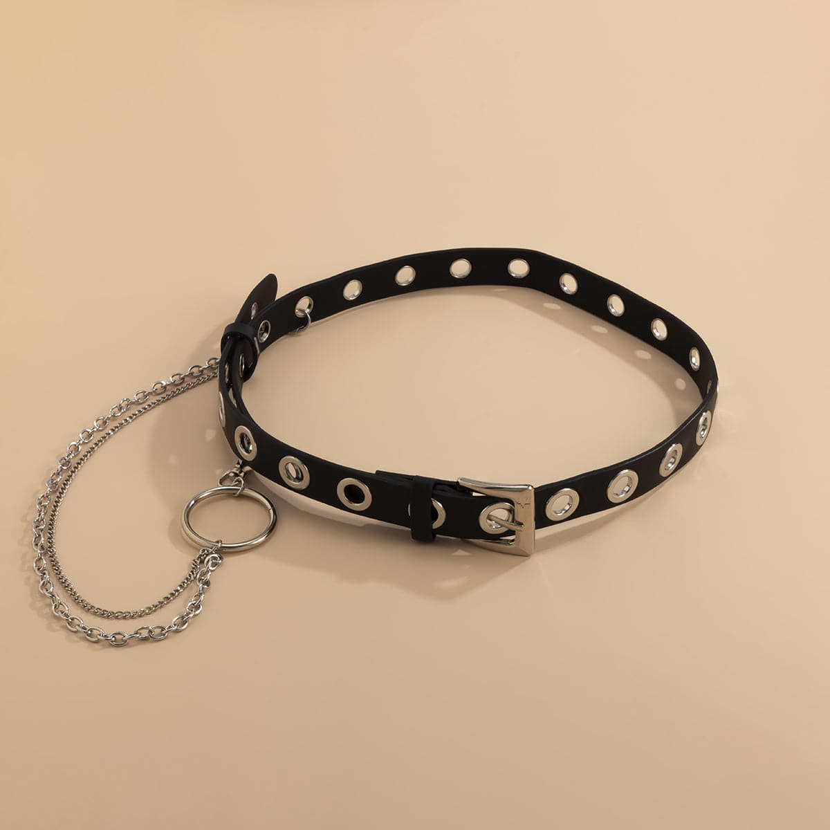 Black Leather & Silver-Plated Belt & Waist Chain Set