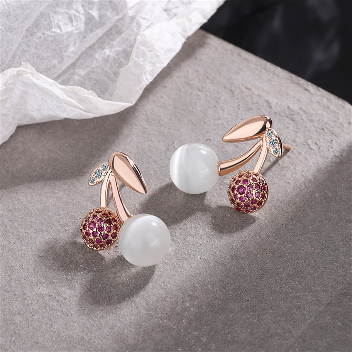 Cubic Zirconia and Cats Eye 18K Rose Gold-Plated Cherry Stud Earring, rose gold stud earrings for women, side view