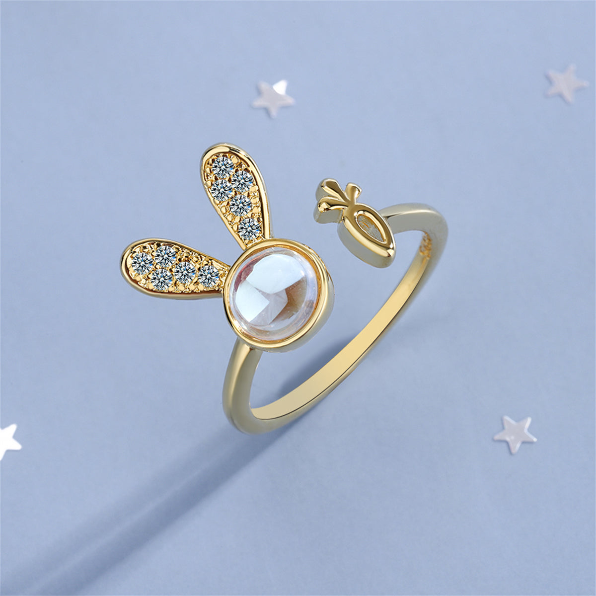 Moonstone and Cubic Zirconia Rabbit Open Ring, statement rings for women, dainty minimalist design, front view