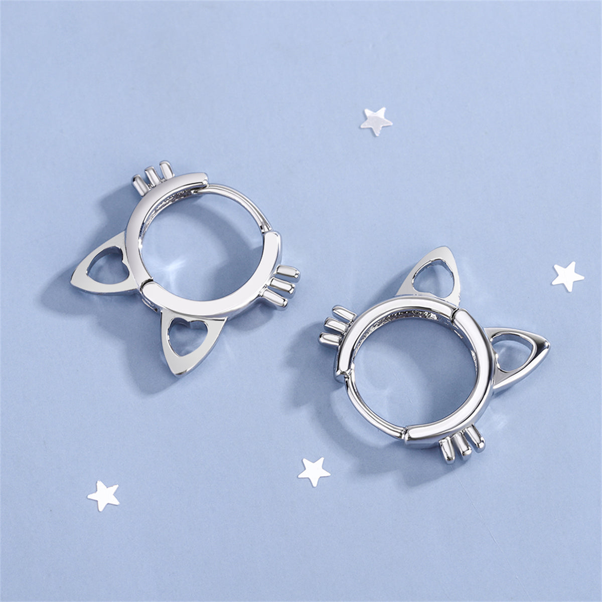 Silver-Plated Cat-Shape Huggie Earrings, silver huggie earrings, vintage-inspired design, side view