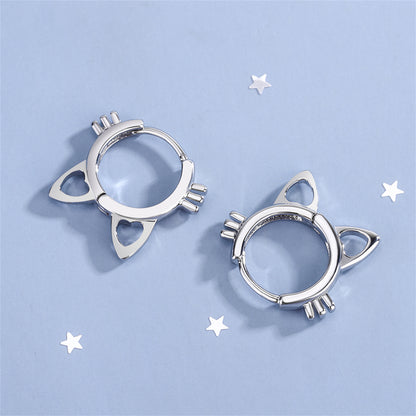 Silver-Plated Cat-Shape Huggie Earrings, silver huggie earrings, vintage-inspired design, side view