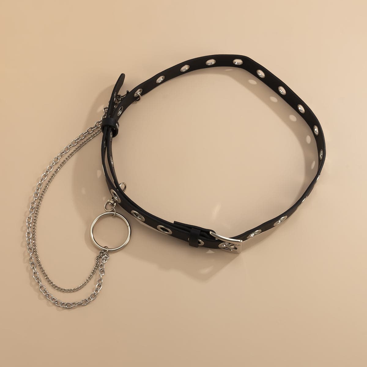 Black Leather & Silver-Plated Belt & Waist Chain Set