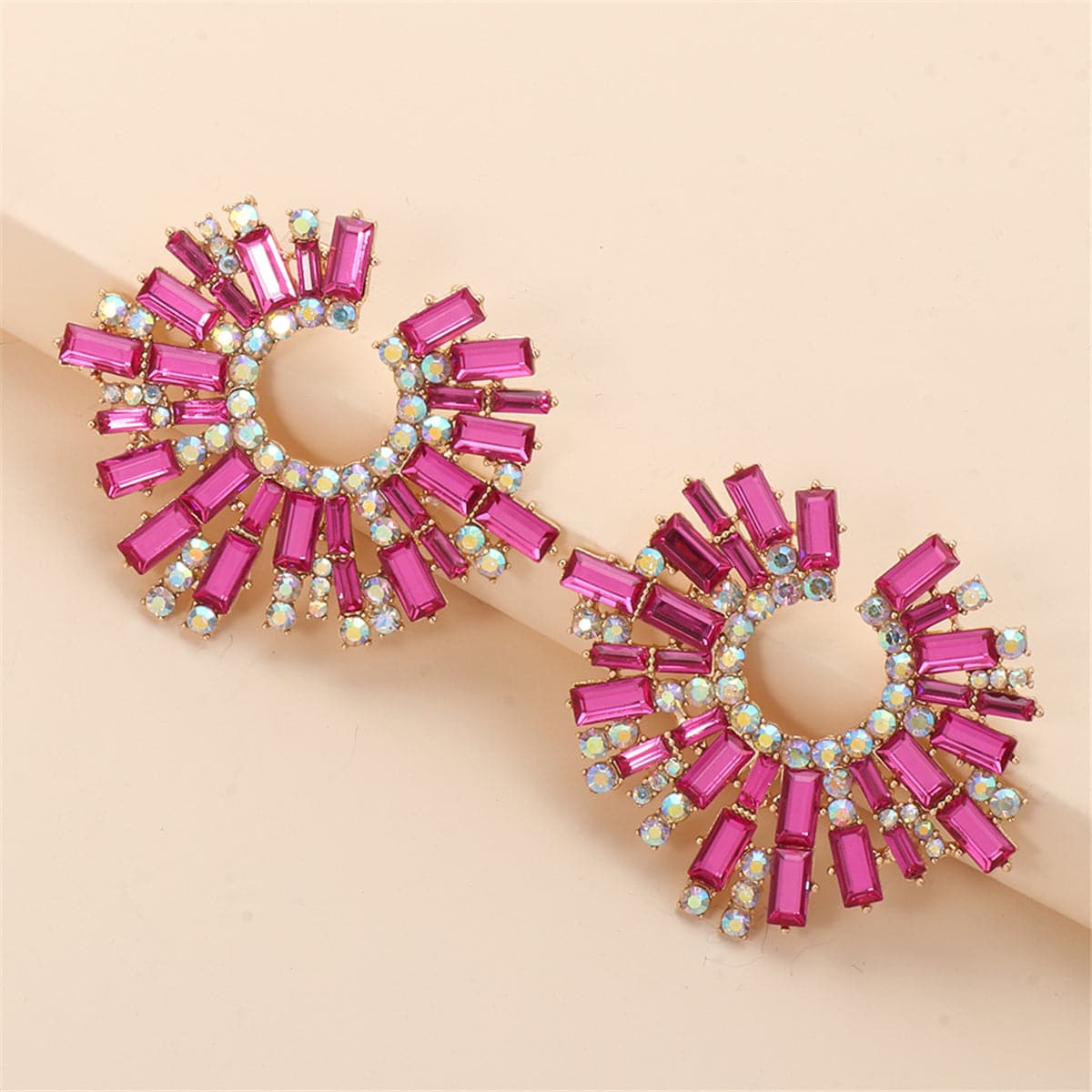 Pink Cubic Zirconia and 18K Gold-Plated Hola Round Stud Earrings, gold stud earrings for women, detail close-up