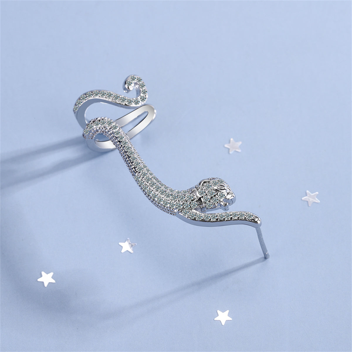 Cubic Zirconia and Silver-Plated Leopard Ear Climber, silver stud earrings for women, everyday style, side view