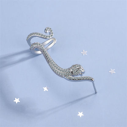 Cubic Zirconia and Silver-Plated Leopard Ear Climber, silver stud earrings for women, everyday style, side view