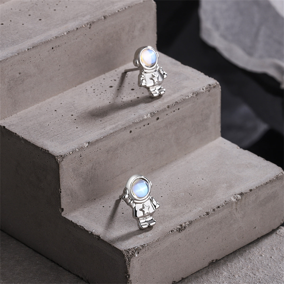Moonstone and Silver-Plated Astronaut Stud Earrings, silver stud earrings for women, elegant gift for her, lifestyle look