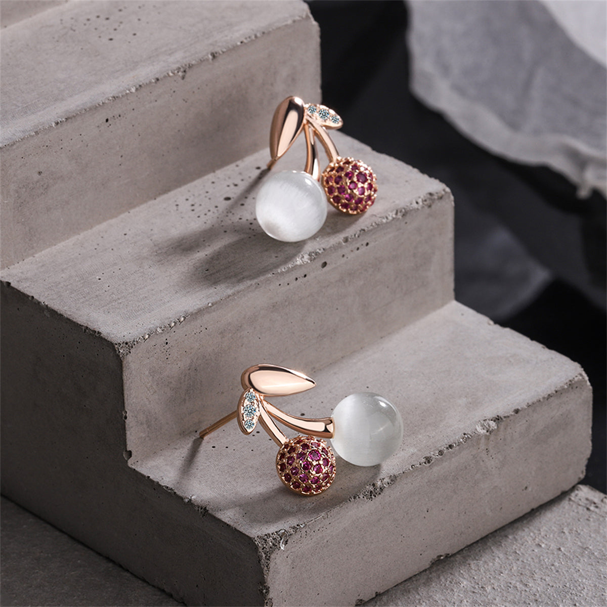 Cubic Zirconia and Cats Eye 18K Rose Gold-Plated Cherry Stud Earring, rose gold stud earrings for women, detail close-up