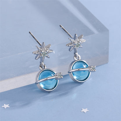 Moonstone and Cubic Zirconia Star and Planet Drop Earrings, drop earrings for women, botanical inspired, front view