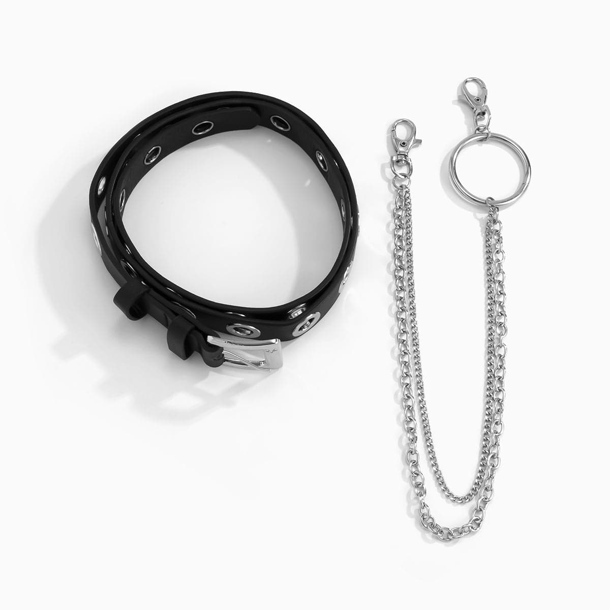 Black Leather & Silver-Plated Belt & Waist Chain Set